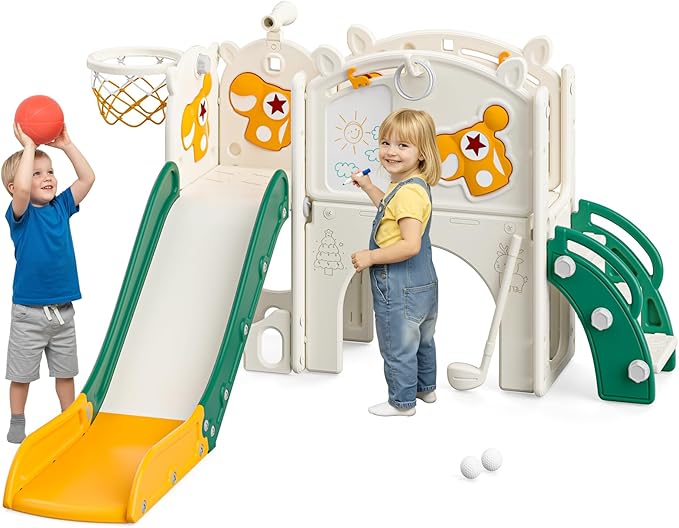 Mloong Toddler Slide for Kids - 10 in 1 Kids Slide for Toddlers Baby 1-3 Years Old, Indoor and Outdoor with Basketball Hoop Golf Drawing Set, Easy Assembly Elk Theme (Green)(54×62×39in)