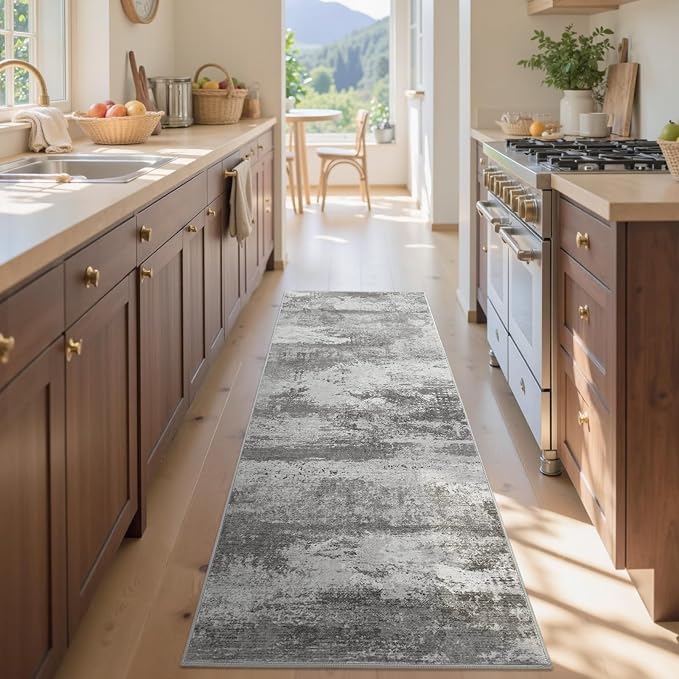 2x6 Ft Washable Runner Rug, Non-Slip Low Pile Hallway Kitchen Area Rug, Soft Abstract Long Entryway Floor Mat Print Pattern Carpet for Bedside & High-Traffic Areas (Grey)