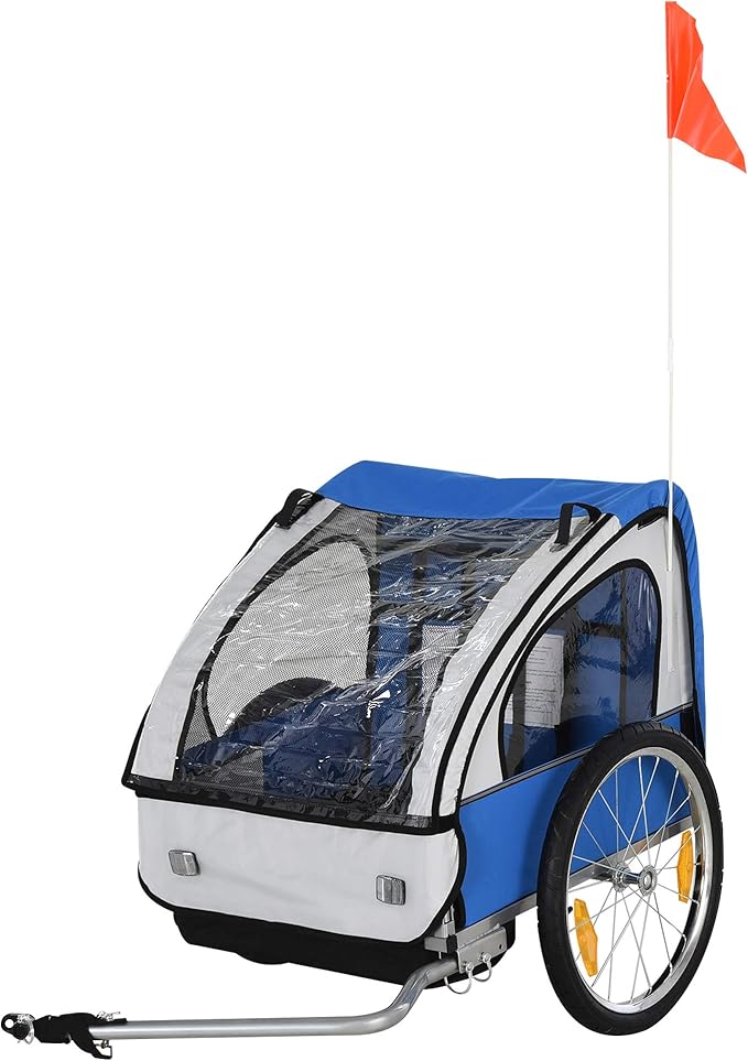 Aosom 2-Seat Child Bike Trailer for Kids with a Strong Steel Frame, 5-Point Safety Harnesses, & Comfortable Seat