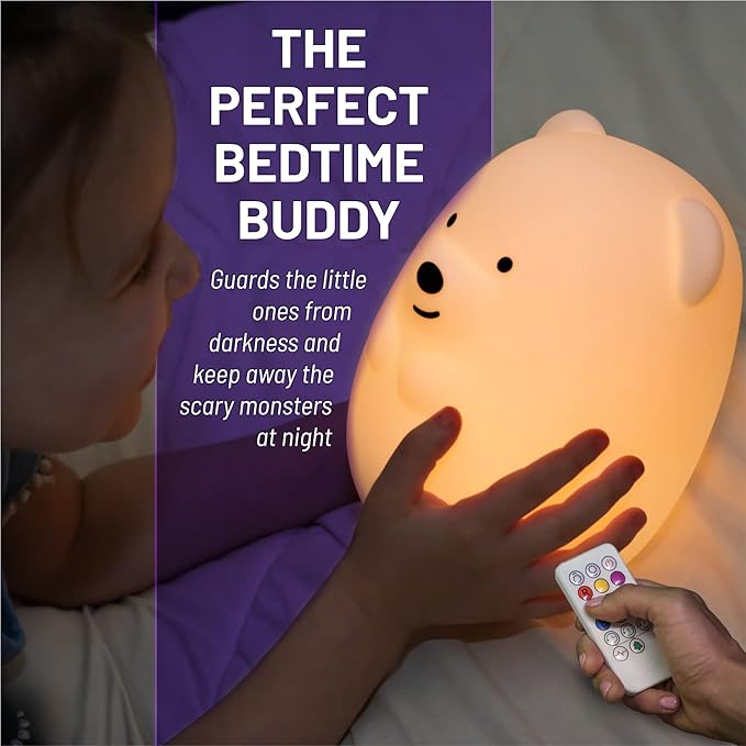 Lumipets Benny The Bear Squishy Silicone Night Light for Kids | Cute Night Light with Remote & Touch Control for Girls & Boys | 9 Color Changing Soft Portable Animal Lamp Comes with USB Cord