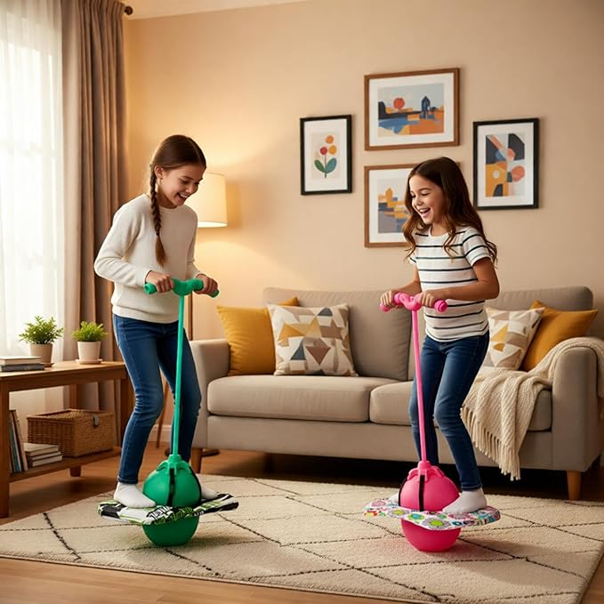 Pogo Ball with Handles for Kids & Adults, Pogo Balance Bounce Ball,Pogo Trick Board for Girls and Boys Ages 6 and up (Green-Colourful)