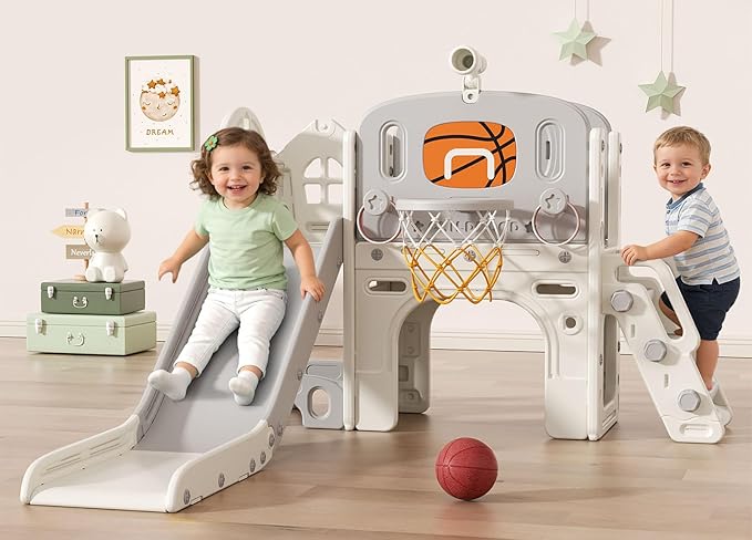 BIERUM 9 in 1 Toddler Slide Set - Baby Slide for Toddlers 1-3 with Ring Toss and Basketball Hoop, Indoor Outdoor Toddler Playset Playground Beige Gray