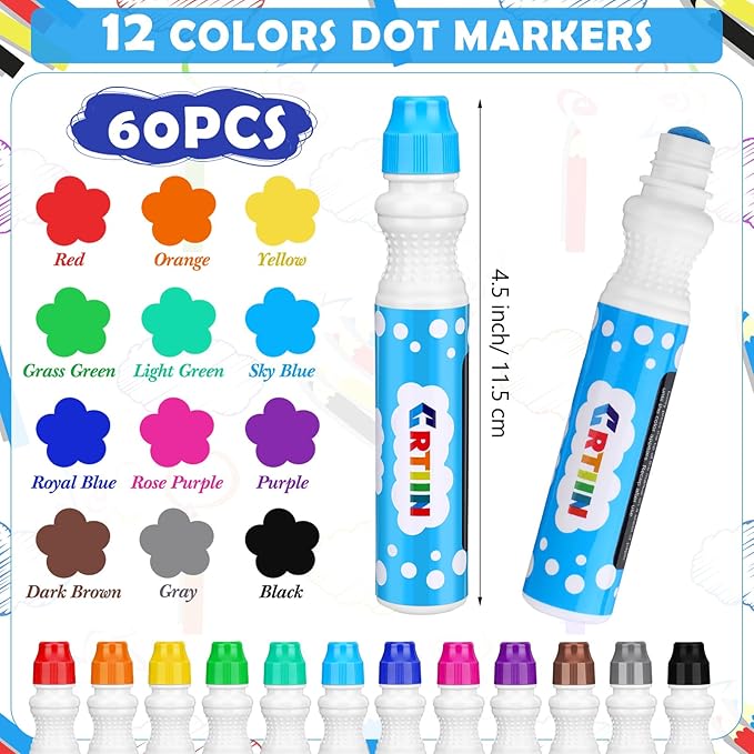 Crtiin 60 Pack Bingo Daubers Bulk 12 Assorted Colors Dot Markers 1.35 oz Dot Markers Paint Set Bingo Game Supplies for Kids Toddles Adults Art Painting Drawing Craft Coloring Party Gift