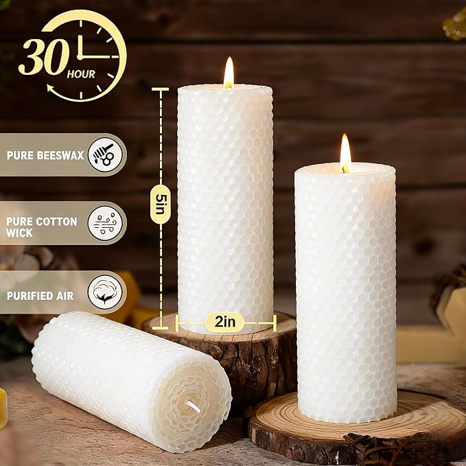2 Pack Beeswax Pillar Candles, Pure Natural White Beeswax Candles Bulk,Unscented Bees Wax Candle for Home,Prayer,Dripless Smokeless Organic 100% Pillar Candles 2x5in
