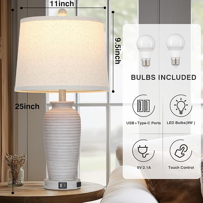 CINSARY 25" Vintage Farmhouse Jar Table Lamps, Single Rustic Bedside Lamp with USB A+C Ports & AC Outlet, Nightstand Lamps for Living Room, Bedroom, End Table, Grey White(LED Bulb Included)