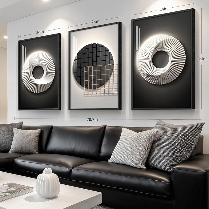 Framed Large Modern Black and White Wall Art for Living Room, 3 Piece Abstract Bright Style Picture Artwork Decor, Minimalist Geometric Painting Prints for Dining Room Hallway Office 24x36 Inch