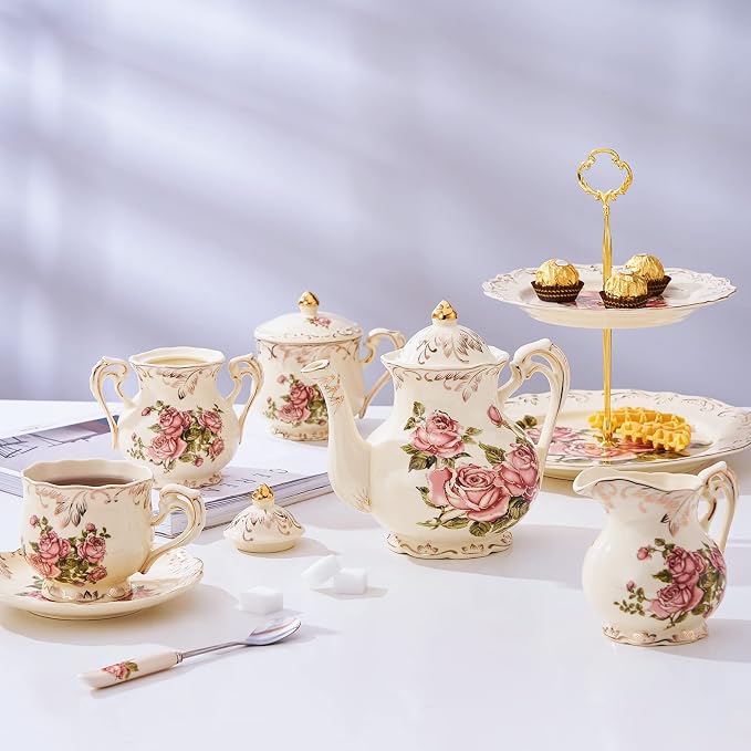 YOLIFE Ivory Rose Teapot, 25 OZ/ 3 Cup Vintage Porcelain Tea Pot with Infuser, Floral Teapot Pink Rose with Gold Trim