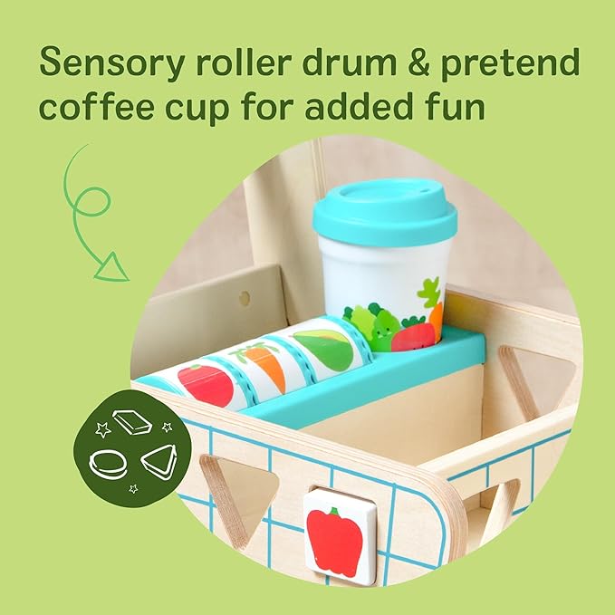 Melissa & Doug Wooden Shape Sorting Grocery Cart - Toddler Toys with 12 Blocks, Puzzle Board and Coffee Cup for Pretend Play and Montessori Toys - FSC Certified