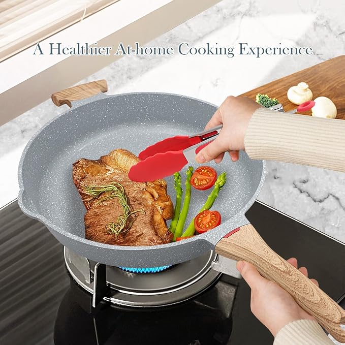 AIKENBBKK Ceramic Frying Pan with Lid, 14 Inch Saute Pan, Non Stick Frying Pans, 2-In-1 Large Cooking Pan, Nonstick Skillet, Compatible with All Stoves, PTFE & PFOA Free, Blue
