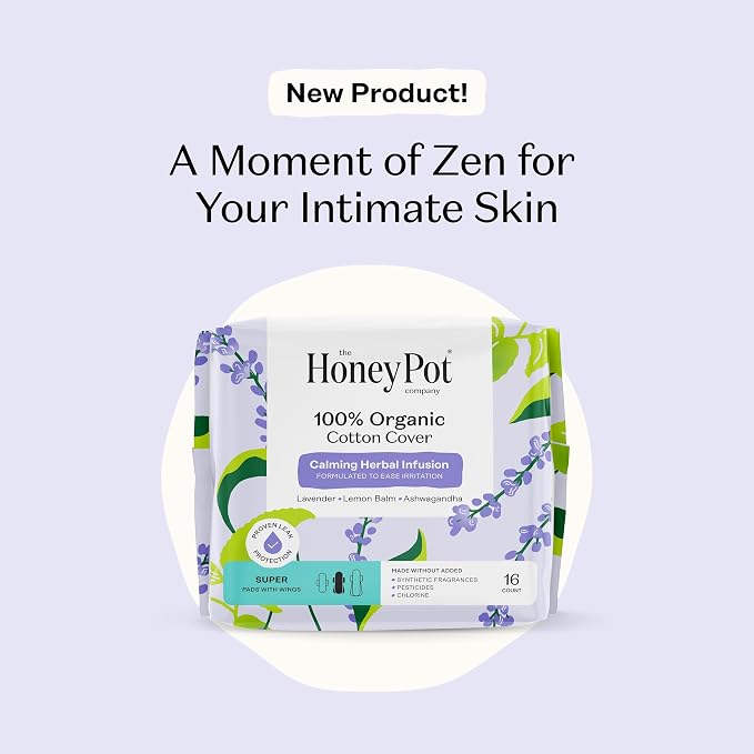 Honey Pot - Calming Herbal Super Sanitary Pads for Women - 100% Organic Cotton Top Sheet - Feminine Care - Non Cooling - Calming Herbs of Lavender, Ashwagandha, & Lemon Balm - 64ct