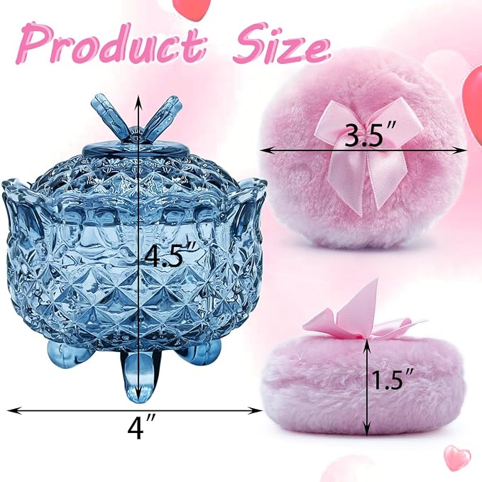 4" Crystal Glass Body Powder Puff Container with 2 Fluffy Puffs,Cute 3.5" Soft Dusting Powder Puff and Jar Set(Butterfly-gray blue)