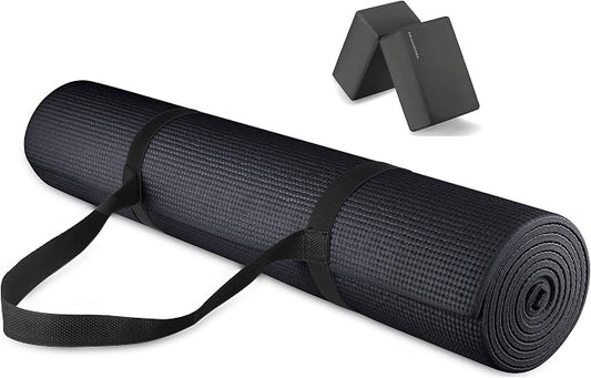 Signature Fitness All Purpose 0.25 Inch Thick High Density No Tear Exercise Yoga Mat with Strap & Lightweight Features for Indoor & Outdoor Use, Black
