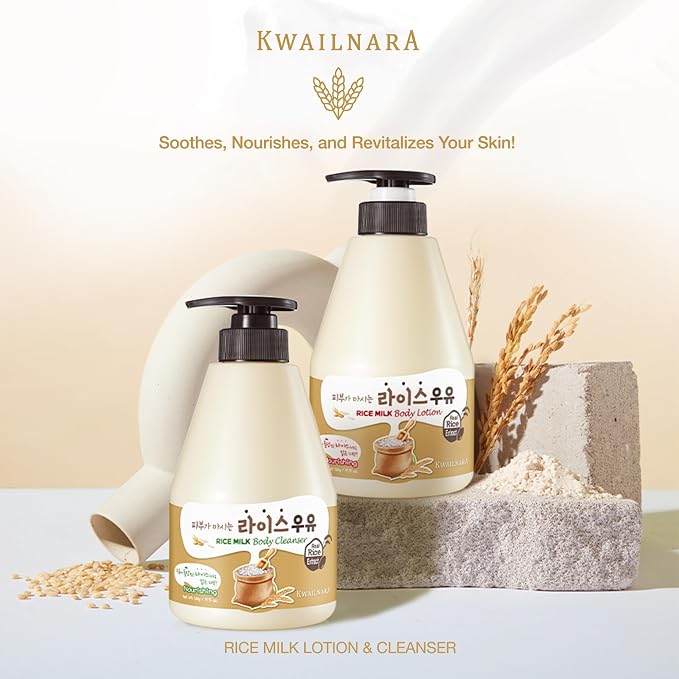 Kwailnara Rice Milk Body Wash & Lotion Set (19.75 Oz Each) – 2-Piece Korean Skincare Duo for Radiant & Hydrated Skin | Milk Protein, Royal Jelly & Rice Extract | Paraben-Free