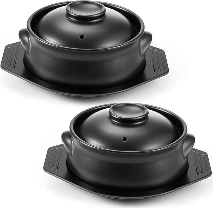 2 Pcs Korean Stone Pot Clay Cooking Pot Set Ceramic Sizzling Hot Bowl Korean Bibimbap Soup Dolsot Bowl with Lids for Ttukbaegi and Koreans Stew (38 oz)