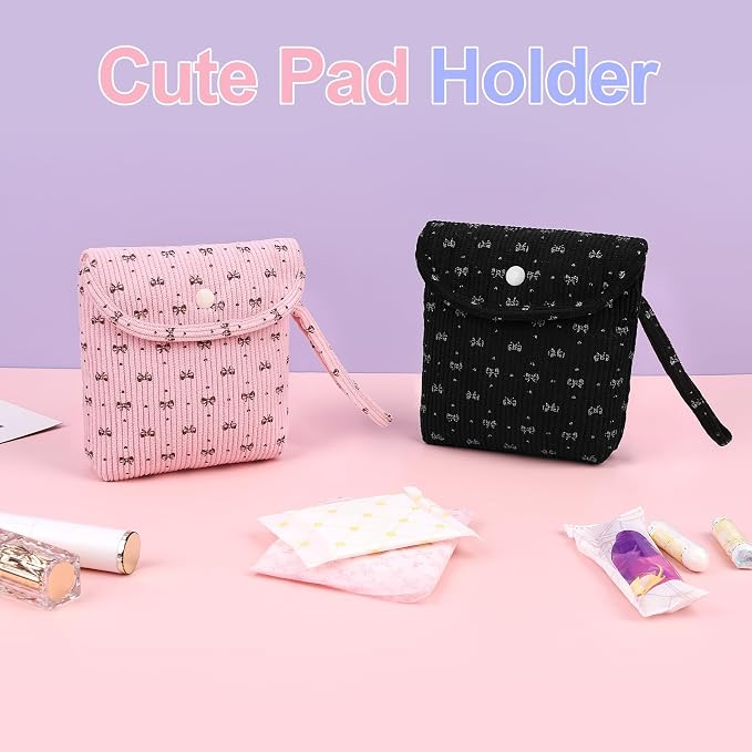Bow Corduroy Sanitary Pad Pouch Soft Discreet Pad Bags for Period for Women Cute Nursing Pad Holder Menstrual Cup Tampon Pouch First Period Gift Feminine Bag (Pink)