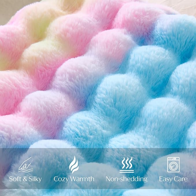 DOWNCOOL Faux Rabbit Fur Throw Blanket, Soft Fluffy Fuzzy Plush Bubble Blanket for Couch Sofa & Bed, Cozy Warm Luxury Fleece Minky Blanket, 60x80 Inches Rainbow