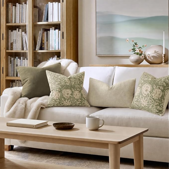 Vintage Floral Print Throw Pillow Covers 20x20 Set of 2 Neutral Modern Farmhouse Pillow Cases Accent Decorative Cushion Covers Boho Home Decor for Couch Sofa Chair Bed Living Room, Sage