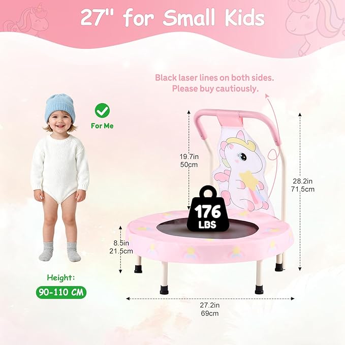 FUNLIO 27" Unicorn Mini Trampoline for Toddlers, Small Trampoline with Safety Handle, Rainbow Fairy Unicorn Jumping Toy for Younger Kids, Foldable & Portable for Indoor/Outdoor Fun, CPC&CE Certified