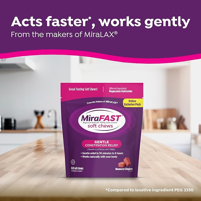 MiraFAST Soft Chews, from the Makers of MiraLAX, Gentle Constipation Relief, Fast Acting, Stimulant Free Saline Laxative, Magnesium Hydroxide, Blueberry & Raspberry Flavor, 60ct