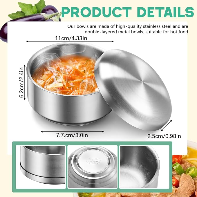 Reallnaive 4 Sets 12 oz Stainless Steel Korean Soup Rice Bowl with Lid for Cereal Kitchen Restaurant Double-walled Anti Scalding Metal Bowls for Soup Salad Noodles Insulated