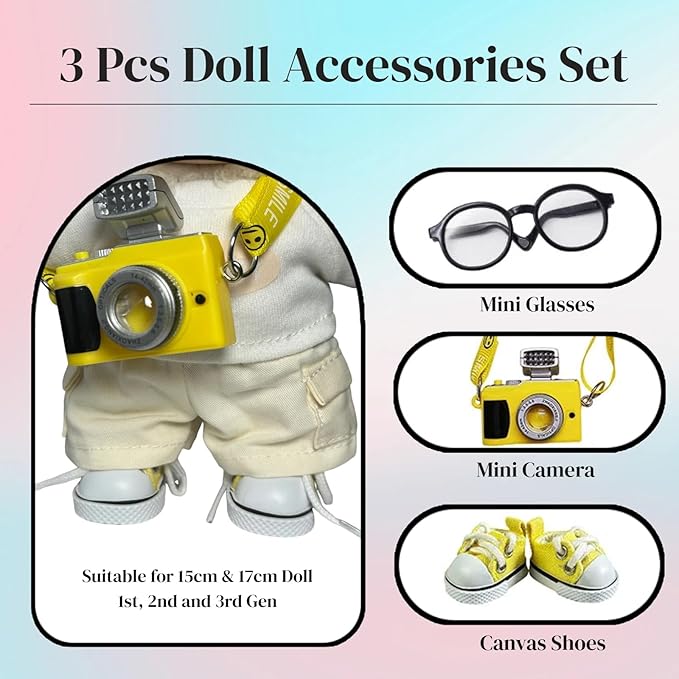3pcs Doll Accessories Set Included Mini Glasses, Camera and Shoes for 17cm Doll, Dress Up Accessories Mini Costume Supplies for for 6.7 Inches Dolls (Set of Yellow)