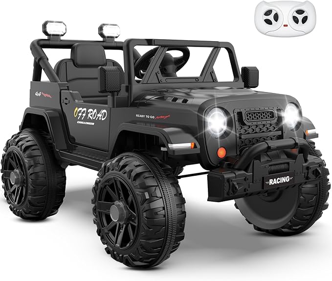 ARBELI 12V Ride On Truck Car with Remote Control, Kids Electric Vehicles with Bluetooth Music, Horn, 3 Speeds, 4 LED Lights, Soft Start, Ride on Toys for Toddler Boys & Girls (Black)