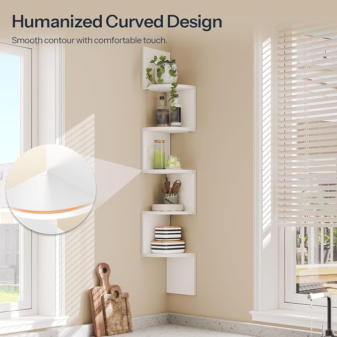 HOOBRO Corner Shelf Wall-Mounted, Set of 2 Floating Corner Shelves for Wall, 5-Tier Corner Bookshelves for Living Room, Bedroom, Bathroom, Home Office, White WT26BJP201