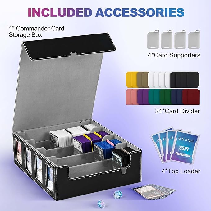 UAONO Trading Card Storage Box with Commander Display; 2400+ Deck Box for MTG with Removable Cover; Top Loaders Card Case fits Magic TCG PTCG Sports Cards; 24 Dividers, 4 Stoppers (Black, Grey)