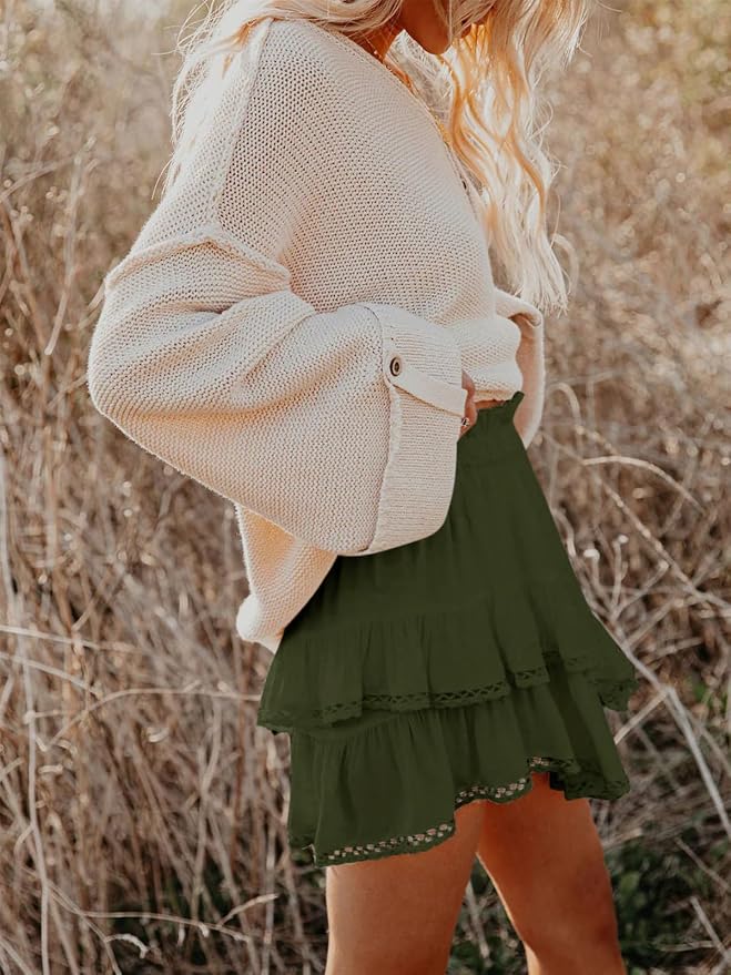Flowy Shorts for Women Casual Boho Ruffle Tiered Skorts High Waist Mini Skirts Golf Tennis Crochet Shorts