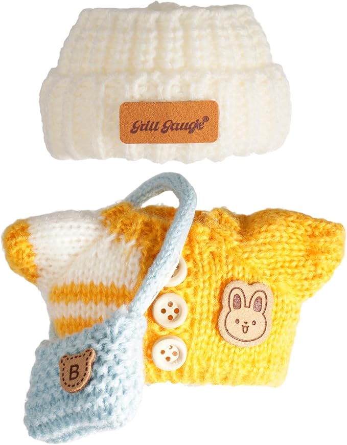 Clothes for Dolls, Clothes Set for Doll, Crochet 3 Piece Set Hat Clothes Backpack for 17cm Dolls, Stylish Adorable Dolls Clothes Accessories (No Doll) (Dark Yellow)