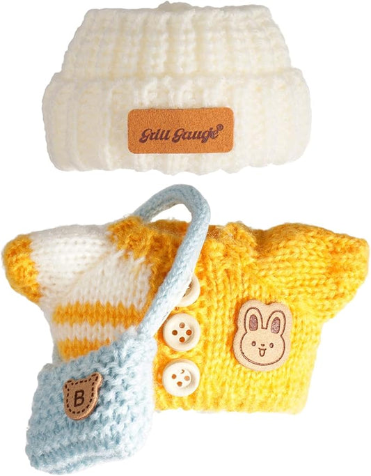 Clothes for Dolls, Clothes Set for Doll, Crochet 3 Piece Set Hat Clothes Backpack for 17cm Dolls, Stylish Adorable Dolls Clothes Accessories (No Doll) (Dark Yellow)