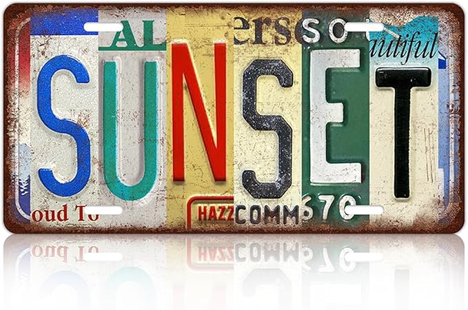 Vintage Sunset License Plate Wall Decor Bar Metal Tin Sign 12 x 6 Inches