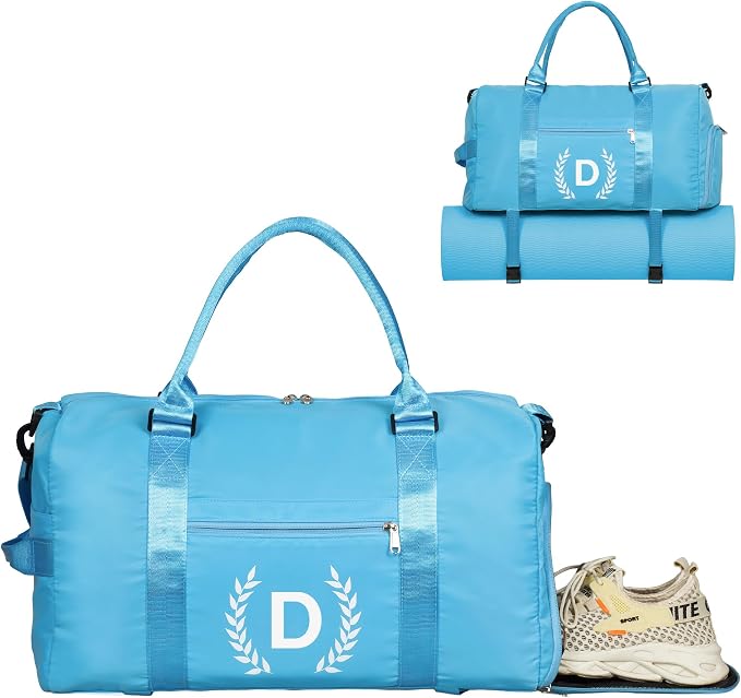 Gym Bag for Women, Personalized Duffle Bag with Shoe Compartment, Sports Bag for Yoga & Dance with Wet Pocket and Mat Strap(AquaBlue,D)