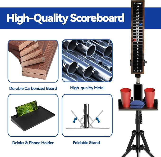 Cornhole Scoreboard With Drink Holder, Score Keeper Set and Accessories, Tracking Equipment for Outdoor Game