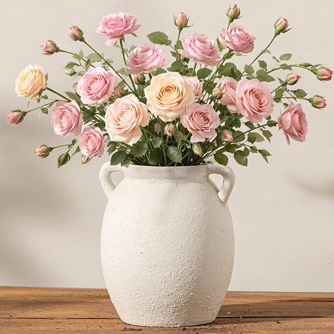 Dobbyby Ceramic Flower Vase 7.6 inch Farmhouse Rustic Vase Decorative Pottery Terracotta Vases for Home Decor Table Mantle Fireplace Living Room Bathroom Wedding Centerpiece (White-Upgraded)