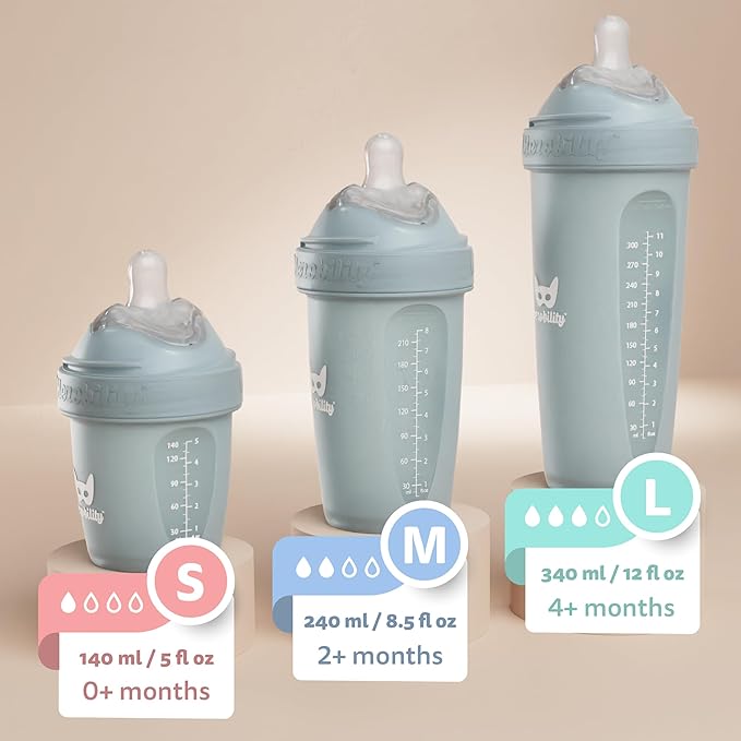 Herobility Double Anti-Colic Baby Bottles – 8.5 fl oz/240ml – 4-Pack – Multicolor - White, Gray, Iron Blue, Blue