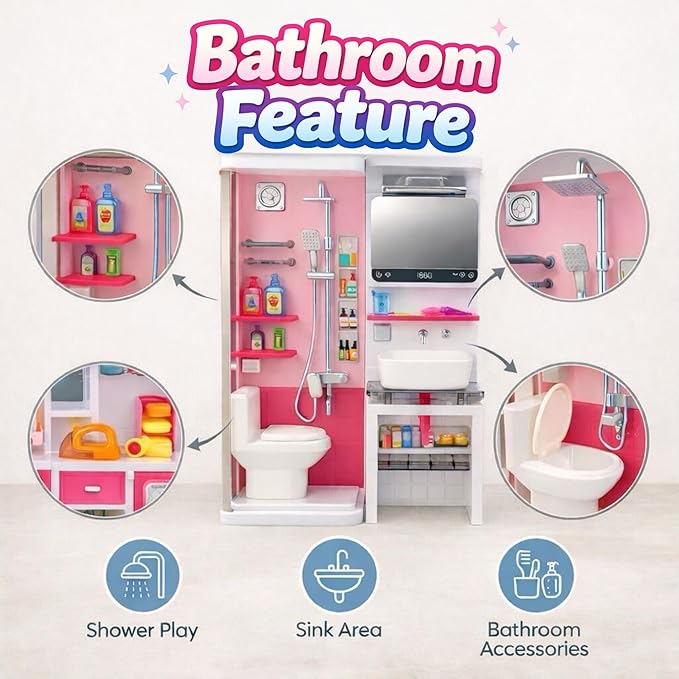 Doll Mini Bathroom Laundry Playset for Kids, House Furniture Pretend Play Toy Accessories Set with Realistic Lights & Sounds for Toddlers, Girls (4-in-1 Bathroom Set)