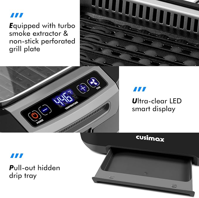 CUSIMAX Smokeless Indoor Grill, 1500W Electric Grill Korean BBQ Grill Black | Adjusting Temperature/With Smart LED Display/Turbo Smoke Extractor/Non-stick Removable Grill Plate/Tempered Glass Lid
