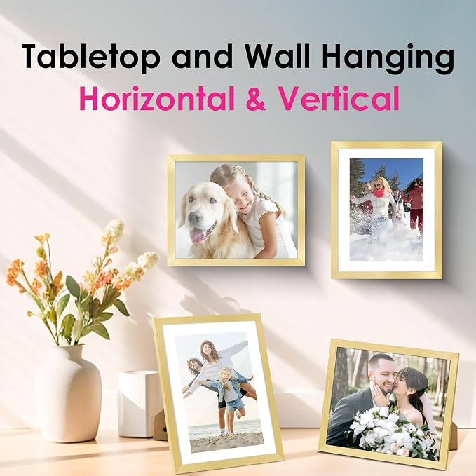 8x10 Picture Frame Set of 2, Gold Picture Frames Collage for Tabletop or Wall Display, Photo Frame with HD Plexiglass, Display Pictures 5x7 with Mat or 8x10 Without Mat