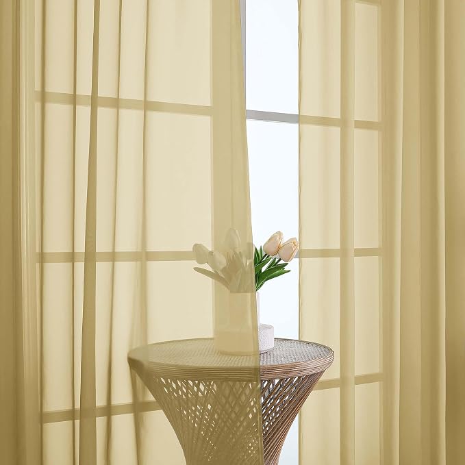OWENIE Gold Sheer Curtains 72 Inches Long 2 Panels Set, Transparent Voile Sheer Curtain for Living Room Bedroom Window Sliding Glass Door Treatment, 59 x 72 Inch, Gold