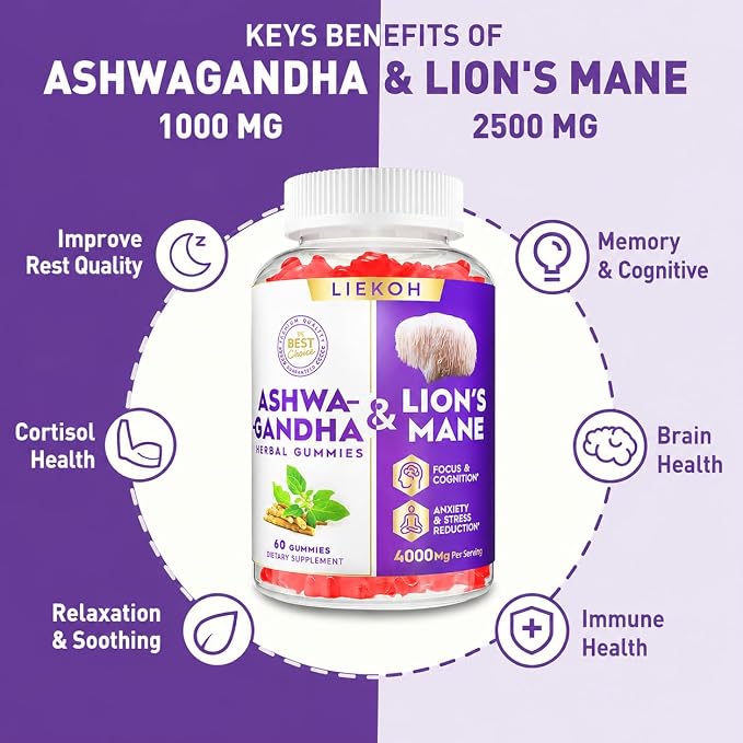 Ashwagandha Gummies - Organic Ashwagandha & Lions Mane Gummies for Adults with 4 Adaptogenic Herb for Stress, Cognitive & Immune Support| Cortisol Supplements for Women & Men, Berry Flavor - 60 Counts