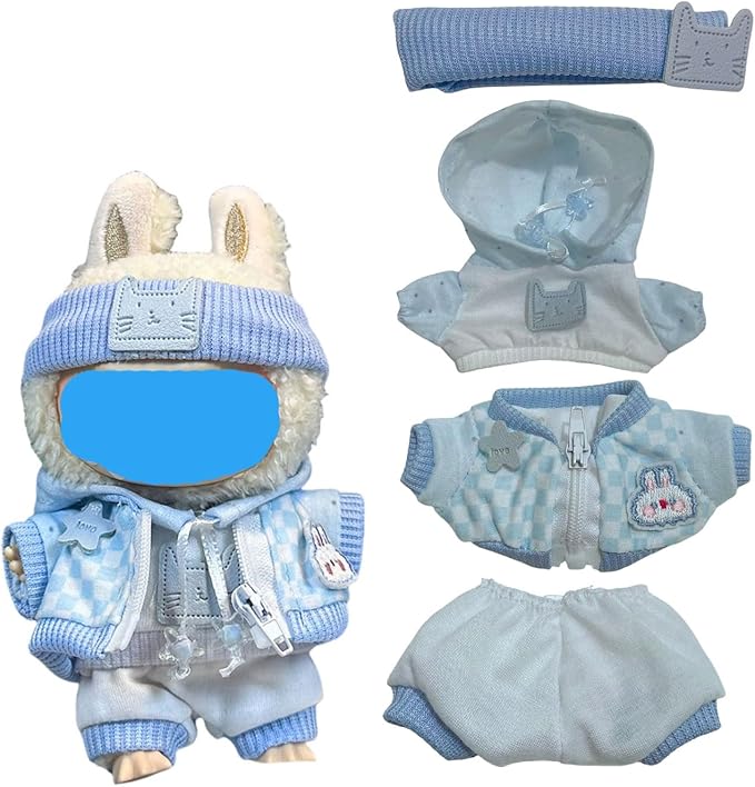 17cm Plush Doll Clothes Wardrobe Set - Clothes for Dolls Faux Fur Outfit Bundle (Hat+Top+Pants+Accessories) for Cute Collectible Figure Display (NO Doll) Included (Style-D, 17cm/7inch)