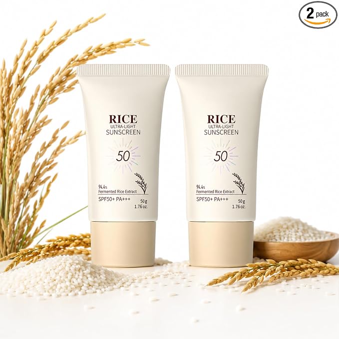 2PCS Rice Face Moisturizing with Spf50+, New Rice Ultra-Light Sunscreen, Rice Sunscreen Mineral Formula, Effectively Protects Against UV Rays, Waterproof and Non-Whitening, Suitable for all Skin Types