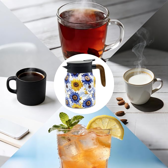 35 OZ Sunflower Vintage Floral Tea Pot with Infuser, Large Capacity Insulated Stainless Steel Tea Kettle, 12 Hour Hot/Cold Retention, Tea-Water Separation Loose Leaf Tea Steeper for Hot Drinks