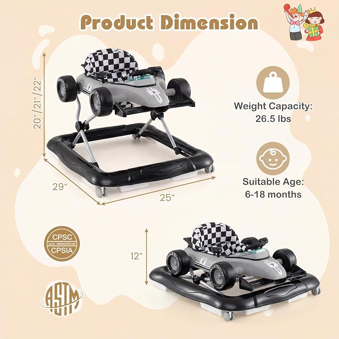 HONEY JOY Baby Walker, 4-in-1 Foldable Infant Activity Push Walker, Toddler Car Walker with Adjustable Heights, Music, Lights, Padded Seat, Baby Walker with Wheels for Boys Girls 6-18 Months (Gray)