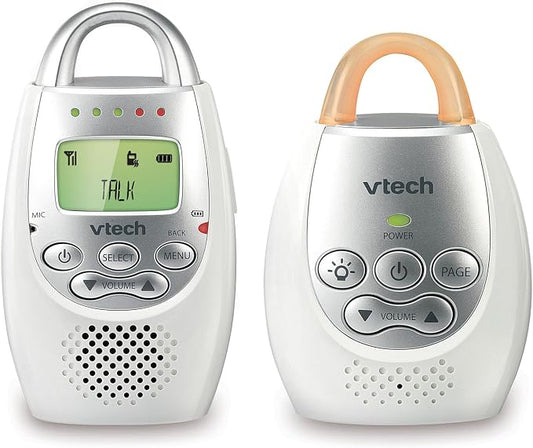 VTech Communications DM221 Audio Baby Monitor with up to 1,000 ft of Range, Vibrating Sound-Alert, Talk Back Intercom & Night Light Loop, White/Silver