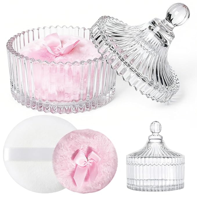 LAKIRA Large Body Powder Puff and Container, 2 Large Powder Puffs, Crystal Powder Container with 3.94" Puff for Baby Women, Dusting Powder Container with Puffs for Women, Bath, Home Use (4″ Pure C)