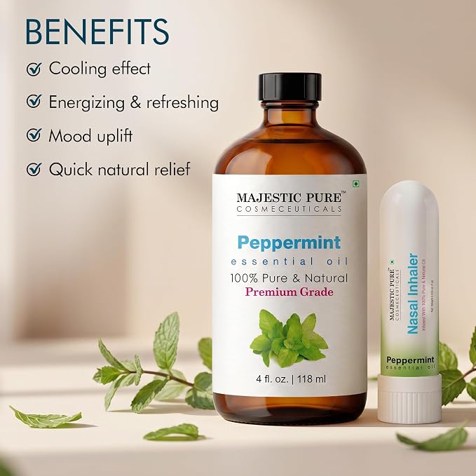 Majestic Pure Peppermint Essential Oil 4 Fl Oz | With Nasal Inhaler