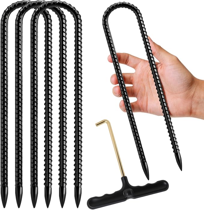 Joyhalo Ground Stakes 11.8 Inch 4PCS Rebar Stakes U Hook, Heavy Duty Metal Trampolines Wind Stakes, Galvanized Steel Ground Anchors for Tents, Swing Set, Fences, Outdoor Decorations and More