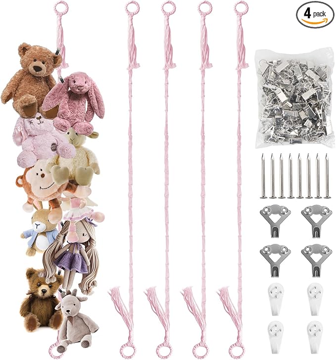 Munzong Stuffed Animal Storage Chain 80 Inch, 4pcs Pink Hanging Stuff Animals organizer, Cotton Toy Display Chain with 80 Clips, Toys Organizers Holder for Toddler Kids Nursery Room Wall Corner Decor
